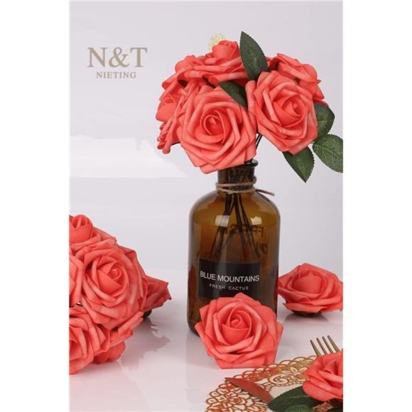 Artificial Fall Wedding Flowers 25pcs Coral Mother's Day Fake Roses w/Stem DIY - Picture 5 of 7